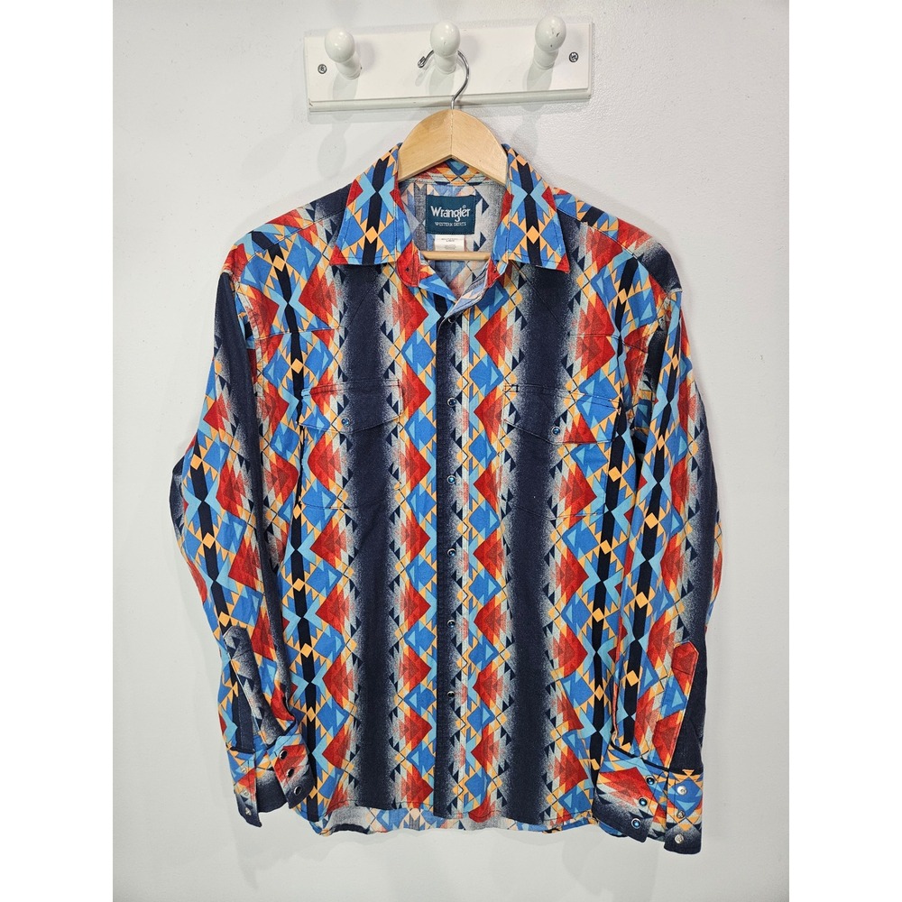 Wrangler Mens Western Shirt Aztec Geometric Pearl Snap Blue Red MC1254B Large